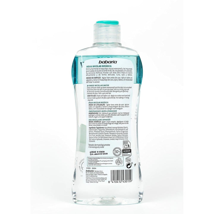 Facial Biphasic Makeup Remover Babaria Micellar Water Aloe Vera (400 ml) - Cosmova
